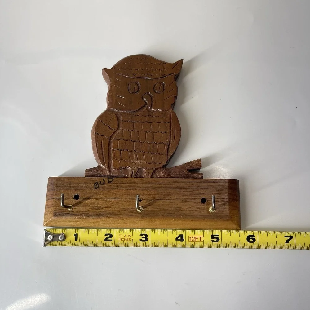 Vintage Wooden Owl Key Holder Wall Mount Hand Carved Mid Century Boho 3 Hooks